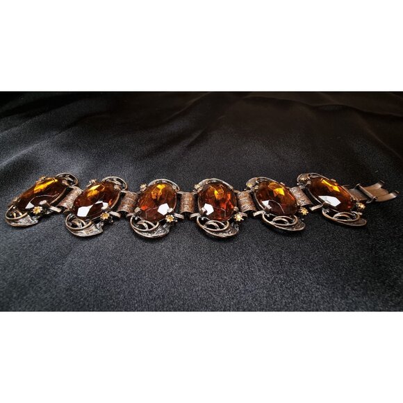 Vintage Czech Glass Amber Rhinestone Bracelet With Ornate Brass Setting & Floral - Picture 2 of 6